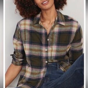 Old Navy Women’s Cropped Flannel Boyfriend Shirt In Olive and Pink Size 2X